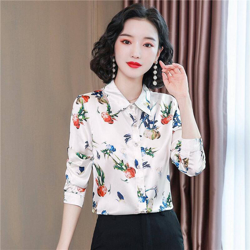 Heavyweight Silk Shirts Women Print Silk Blouses Women Long Sleeve Shirts Elegant Woman Satin Floral Blouse Tops Plus Size 4XL