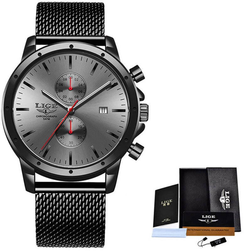 Lige relógio masculino luxuoso, relógio de pulso com cronógrafo de aço para homens à prova d'água analógico de quartzo + caixa