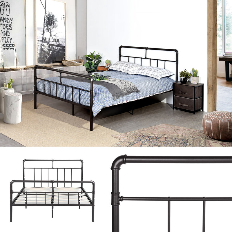 Black Metal Bedframe Full Size With Headboard Bedroom Furniture Platform Bed Frame Drop Shipping