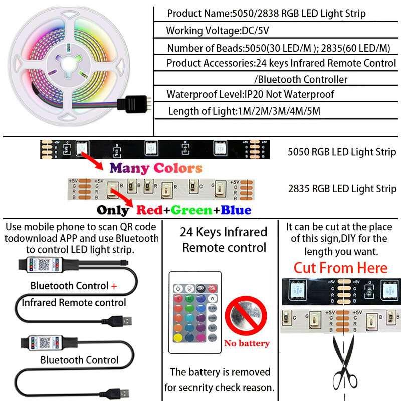 2835 5050 LED 라이트 스트립 블루투스 앱 제어 RGB 5V USB 적외선 유연한 장식 백라이트 램프, tv용 빛나는 스트링