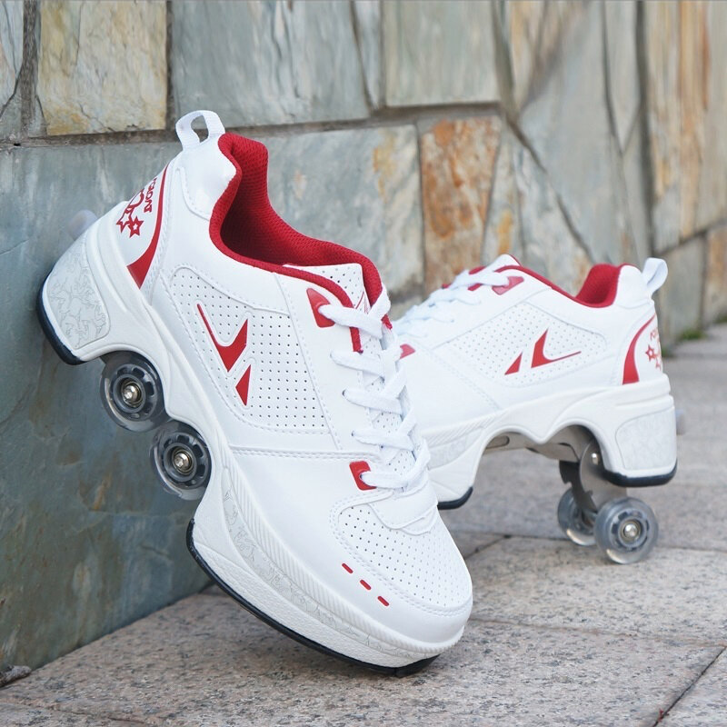 Deform-patines de doble fila para correr, calzado automático de cuatro ruedas, doble uso, para monopatín