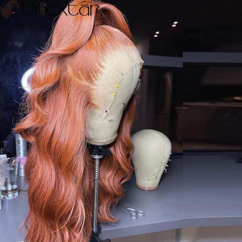 ブラジルの天然かつら,レミー品質の髪,レースキャップ付き,巻き毛,オレンジ色,13x4,女性用