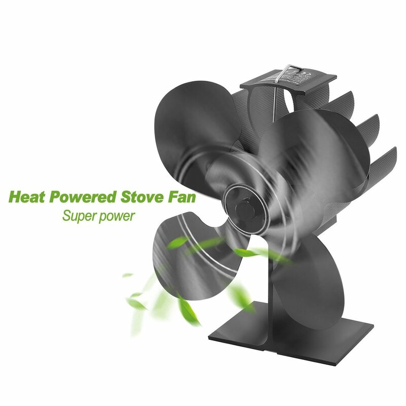 4 Bladen Warmte Aangedreven Kachel Fan Log Hout Brander Rustig Zwart Thuis Haard Ventilator Efficiënte Warmteverdeling