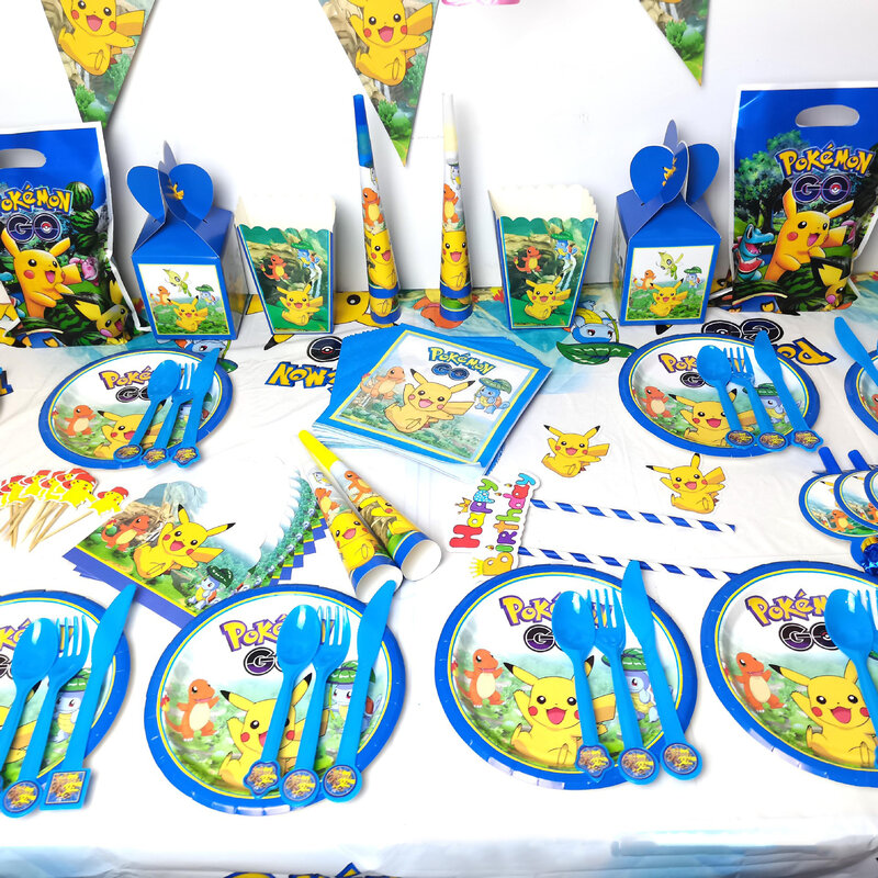 Pikaqhu – décorations de fête d'anniversaire, 81 pièces/lot, vaisselle jetable, assiettes et serviettes, fournitures pour fête prénatale, requin, pour filles et garçons