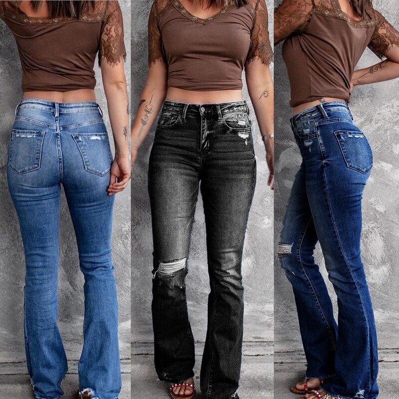 Moda feminina buraco de cintura alta retro estiramento fino micro-queimado calças bootcut jeans