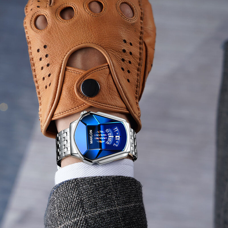 Modne niebieskie lokomotywa męskie zegarki Top marka luksusowy zegarek kwarcowy srebrny mężczyźni wodoodporny geometryczny kształt Relogio Masculino