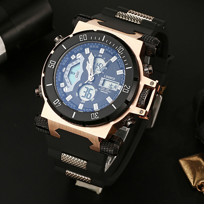 LOQNCE Multifunctional Dual Display Casual Man's Wristwatches Waterproof Silicone Strap Quartz Watches Men Alarm, Chronograph,
