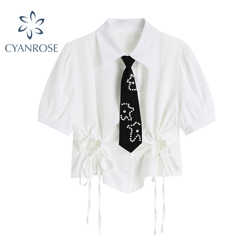 Chemisier à lacets avec cordon de serrage pour femme, chemise courte à la mode, Style Preppy de rue coréen, Harajuku, nouvelle collection été 2021