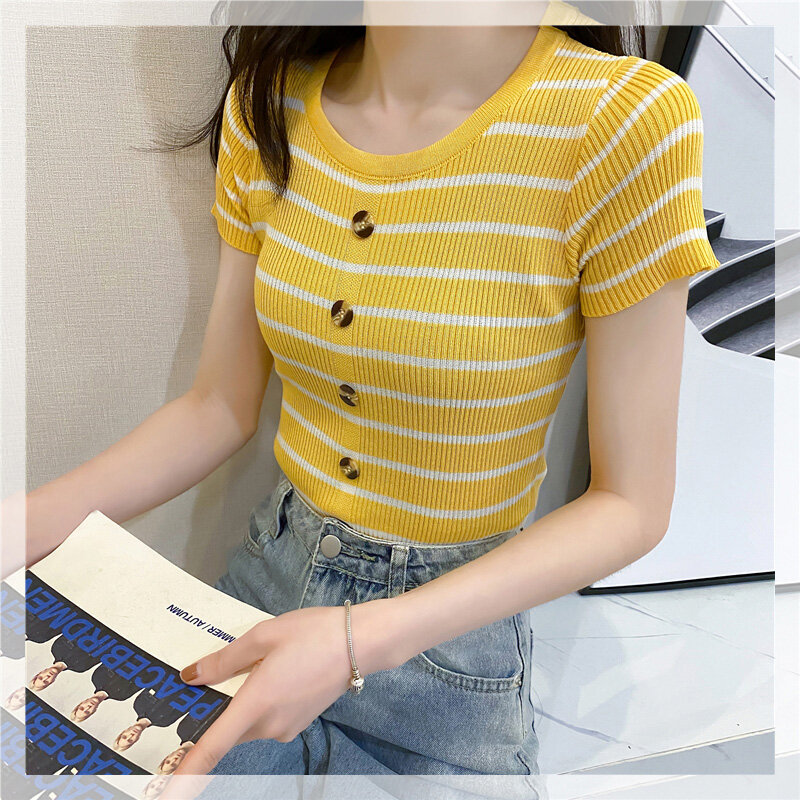 CMAZ nowy T Shirt kobiety topy w paski Slim dopasowane t-shirty Streetwear lato T-shirt koreańskie ubrania żółty Tops1708 #