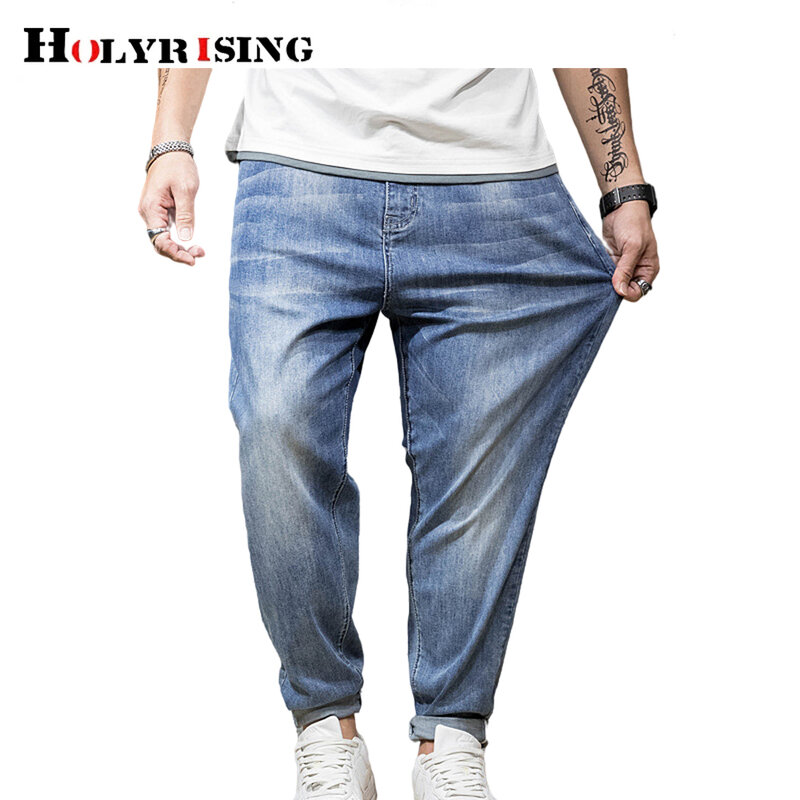 men jeans elastic waist loose cotton denim straight trousers zipper baggy pocket streetwear size 44 джинсы для мужчин 19580