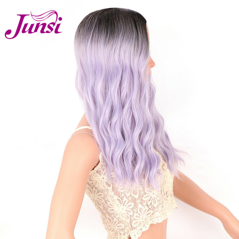 JUNSI-Peluca de Cosplay de 18 pulgadas para mujer, pelo largo y rizado, color morado degradado, a la moda