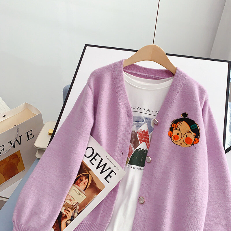 Cardigan EBAIHUI donna Cartoon Girls stampa maglione con scollo a v cappotti maglione femminile allentato Casual lavorato a maglia 2021 Cardigan da donna Chic