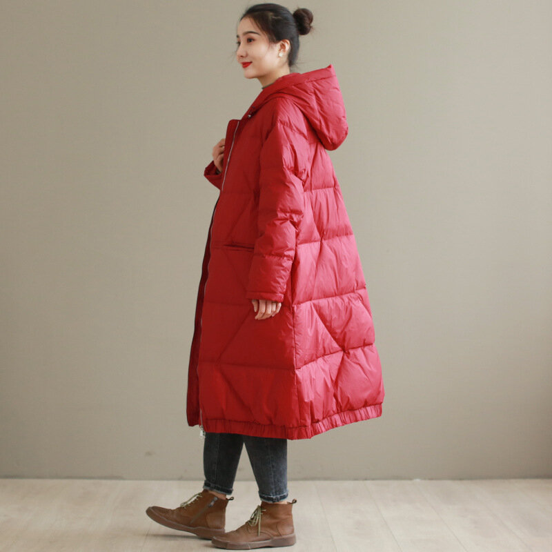 女性用フード付きコート,ミディアム丈,カジュアル,ラージサイズ,ウォームホワイト,冬用