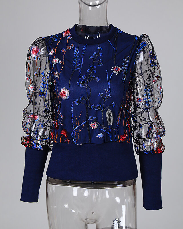 2021 Женская Элегантная Модная рубашка, Женская Базовая черная короткая вечерняя блузка, прозрачная сетчатая блузка с цветочной вышивкой и п...