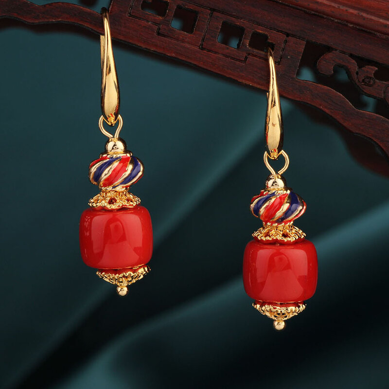 الموضة العرقية المينا الأحمر انخفاض القرط ، Vintage أقراط الأصلي للنساء مجوهرات هدية