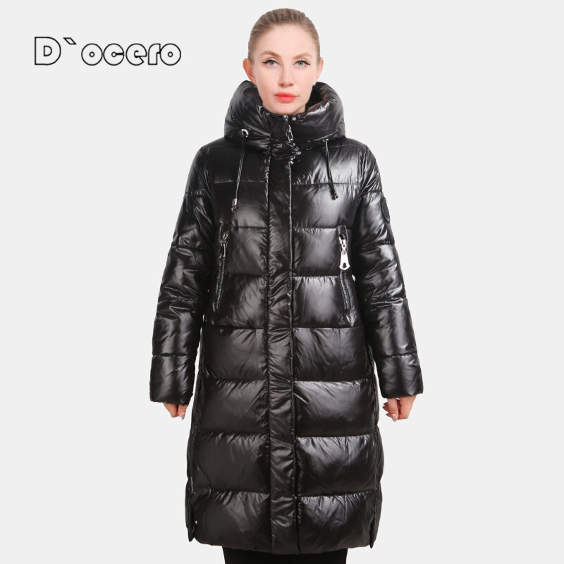 D'OCERO-새로운 겨울 파카 오버사이즈 코튼 블랙 다운 재킷, 따뜻한 럭셔리 퀼트 코트 후드 롱 아우터, 2021