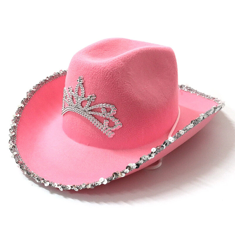 Chapeau de Cowboy rose de Style occidental pour femmes, casquette de fête, à la mode, à large bord, avec paillettes, couronne, diadème
