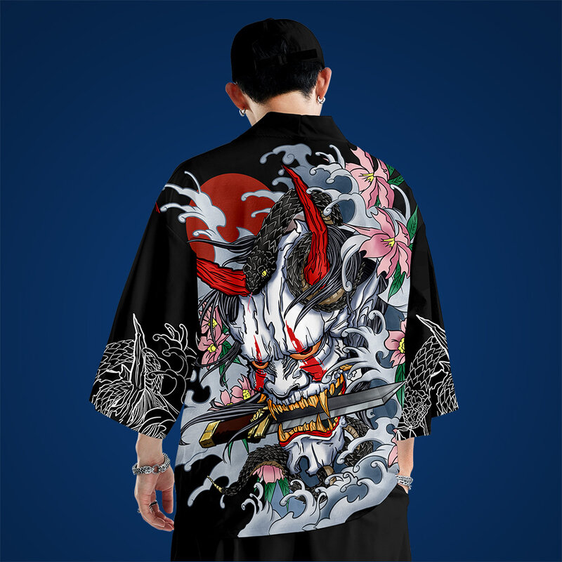 Kimono traditionnel Yukata pour hommes, chemise imprimée noire décontractée, vêtements de rue, manteau et pantalon surdimensionné 6XL