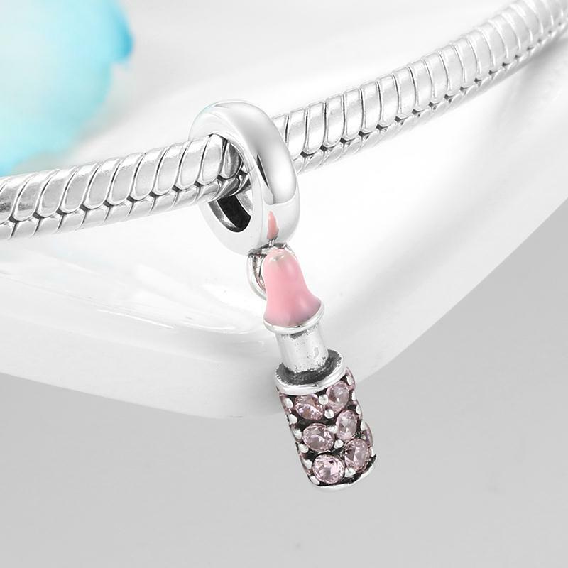 Fashion 925 Sterling Silve Pink Zircon Sweet Lipstick Fine Pendant Beads fit Original LYNACCS Charms Bracelets Jewelry Making