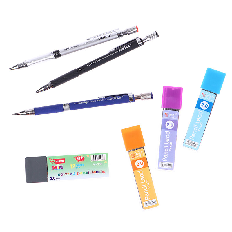 기계식 연필 홀더 2.0mm 2B 연필 With12 컬러 리필 및 10 블랙 리필 학생 공급