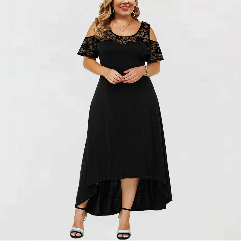 Plus Size Dress For Women Sexy O-Neck Strapless Draw Back Lace Splicing Short Sleeve Dress free shipping