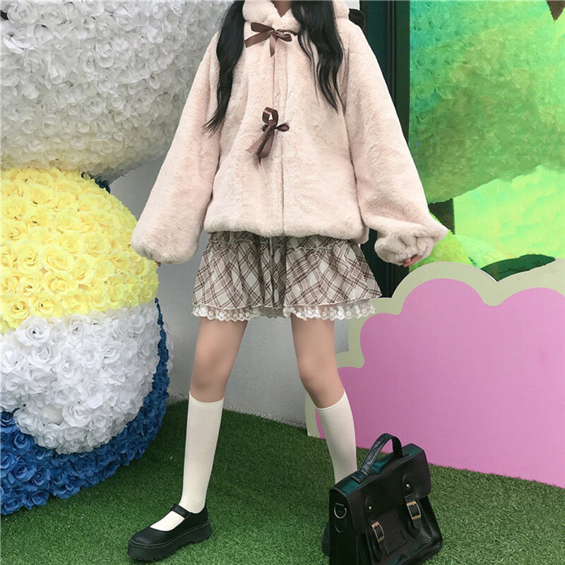 겨울 스위트 자켓 귀여운 소녀 베어 귀 Jk 소프트 플러시 코트 여성용 빈티지 Thicken Long Sleeve Kawaii Lolita Hooded Outweare