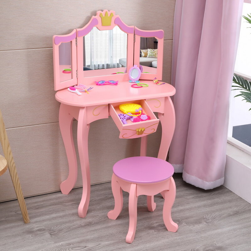 Kids Girl Dressing Table Toy Children's Dresser 3 Foldable Mirror/Chair/1 Drawer Pink High Quality Board Arc Design[US-Stock]