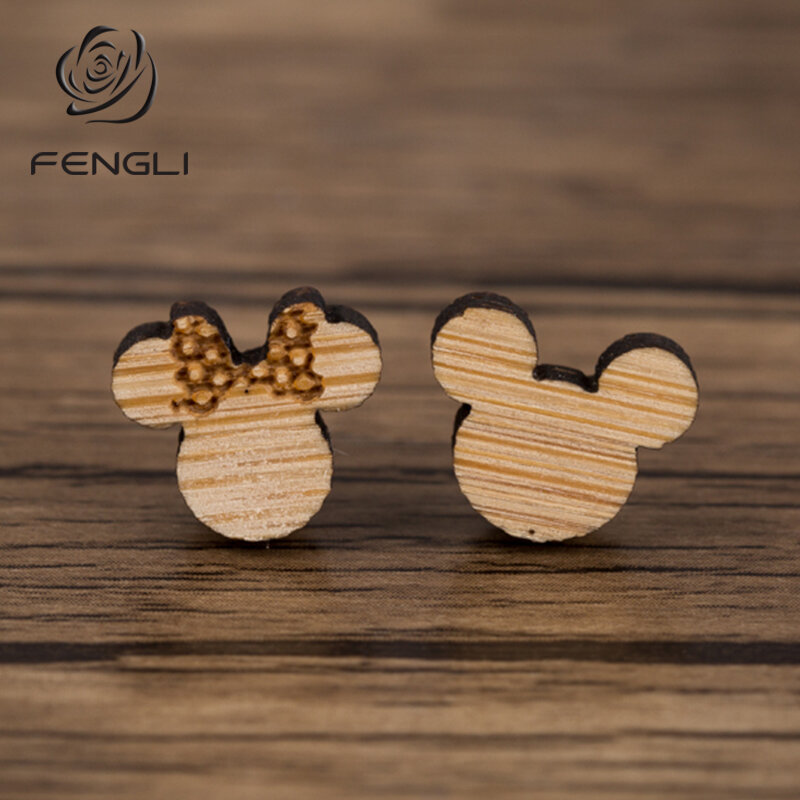 Fengli assimetria bonito mickey parafuso prisioneiro brincos para as mulheres de madeira minnie romântico brinco mouse pequena jóia menina senhora presente de aniversário
