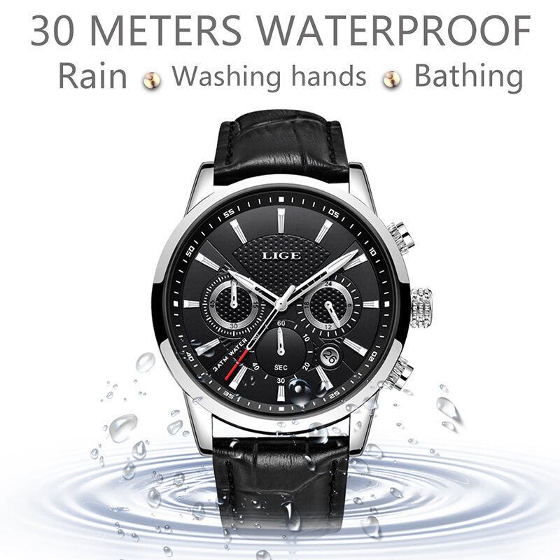 Relojes LIGE para hombre, reloj de cuarzo informal de lujo de marca superior de cuero, reloj negro resistente al agua para hombre