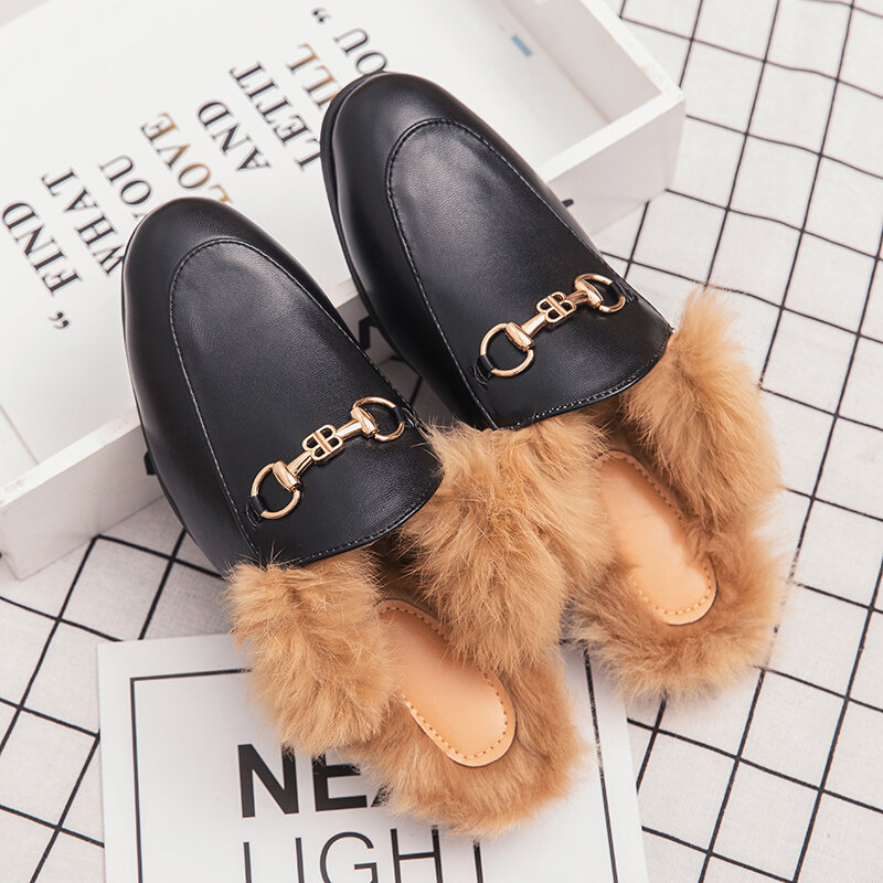 Fur รองเท้าแตะรองเท้าแตะรองเท้าแตะครึ่งรองเท้าสำหรับชาย Luxury Designer Flats ฤดูหนาว Zapatillas Hombre Casual รองเท้า Sapato ...