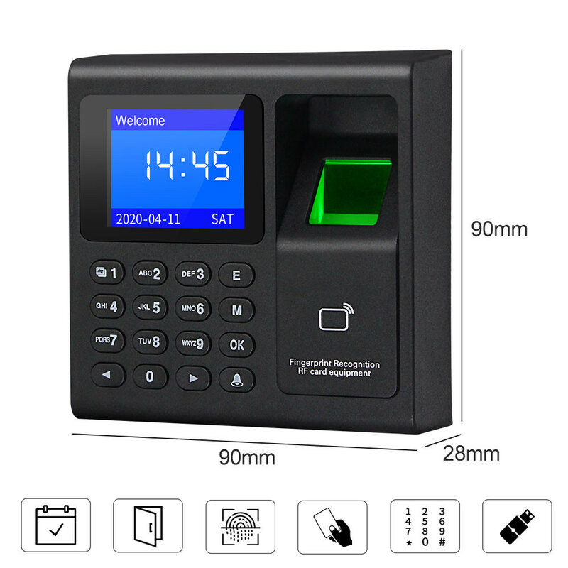 Sistem Keypad Kontrol Akses RFID Sidik Jari Biometrik Elektronik USB Mesin Absensi Perekam Jam Waktu + 10 Kartu Kunci Fob