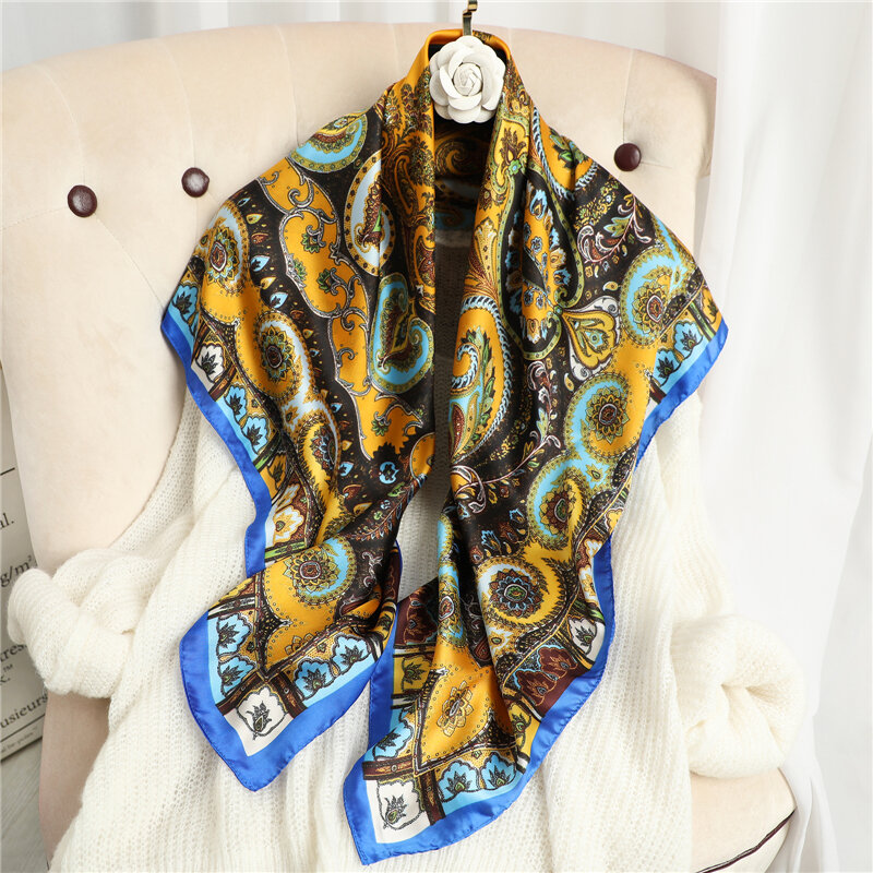 Frauen Silk Satin Quadrat Schal Hijab 90*90cm Druck Bandana Stirnband Muslimischen Schals Tasche Wrap Haar Krawatte Band halstuch Foulard 2021