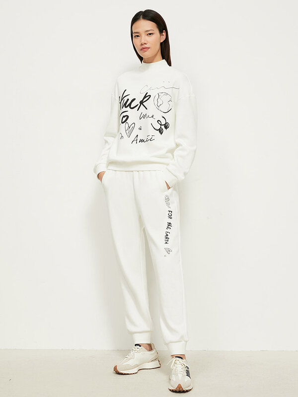 Amii минималистский зимний свитшот и брюки комплект из двух предметов Повседневный пуловер с высоким воротником штаны с высокой талией женск...