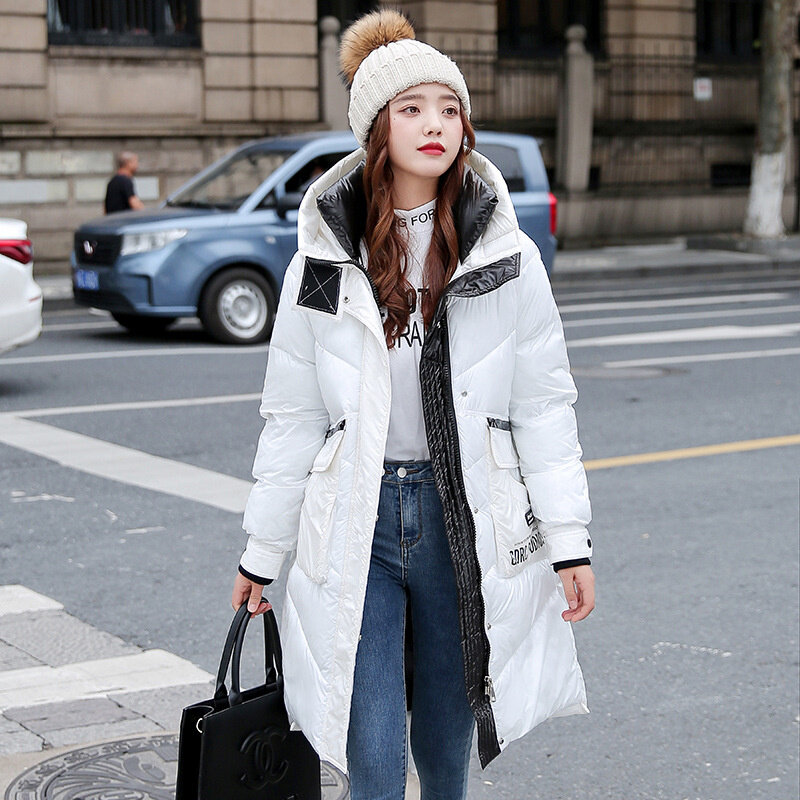 Shiny Face Down Padded Jacket Women 2022 New Winter Korean Version Of Loose Hooded Mid-length Simple Thick Coat