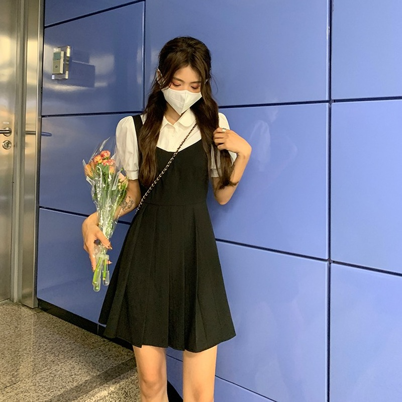 Vintage vestido de uma peça coreano manga curta elegante y2k mini vestidos femininos casual gótico vestido preto verão 2021 kawaii lolita