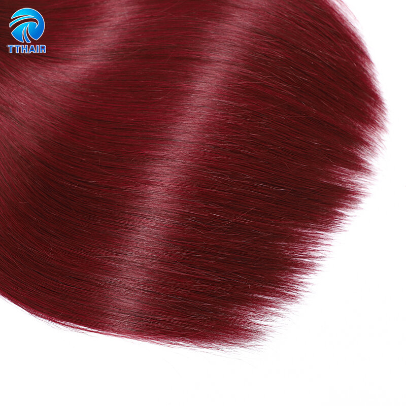 Tthair 99 jborgonha vermelho cru peruano em linha reta remy cabelo humano vinho colorido tecer 3 pacotes com fechamento