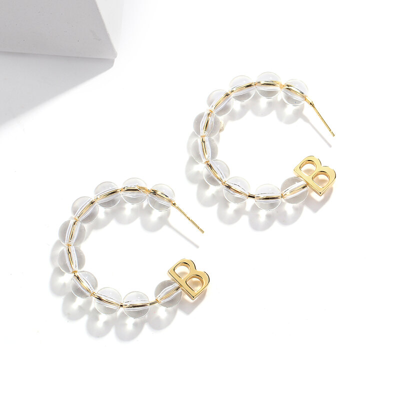 AMORCOME Transparent Acrylic Beads Hoop Earrings for Women Gold Color Metal Letter B Pendant Geometric Circle Earrings Jewelry