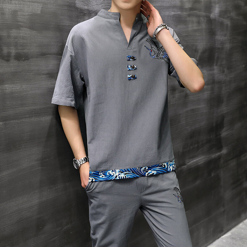Chinese Stijl Borduurwerk Kraan Mannen Sets Streetwear Korte Mouw Casual Shirt Elastische Taille Zakken Broek Vintage Losse Mannen Sets