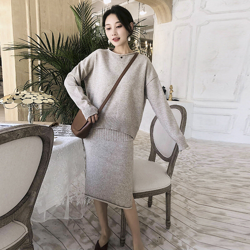 Autumn and Winter Ladies Knit Women's Sets 2022 New Solid Color Loose Large Size Knitted Pullover Casual High Waist Skirt Set