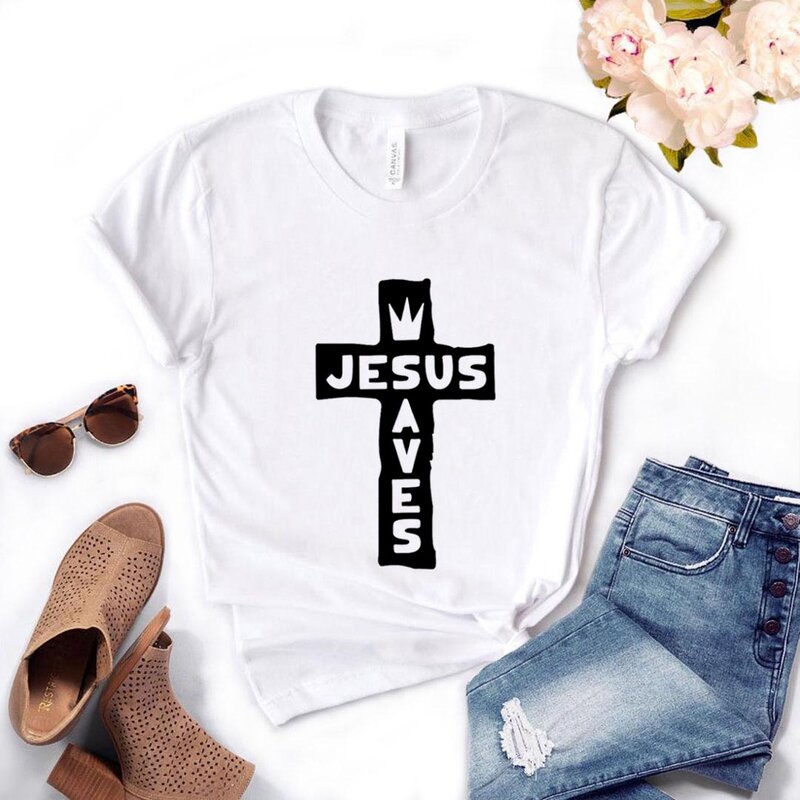 Jesús salva estampado de cruces de las mujeres, camisa de manga corta, O cuello suelto mujeres camiseta camisa de las señoras Tops Ropa Camisetas Mujer
