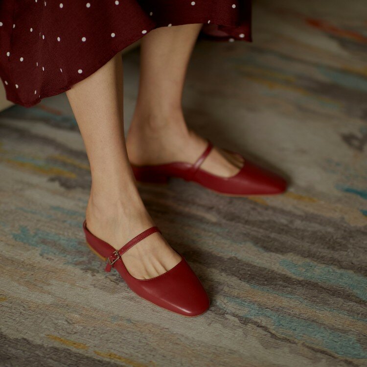 Kmeioo 2020 retro płaskie buty ze skóry naturalnej kobieta kwadratowe toe mule sandały letnie podstawowe muły slip-on cowskin mule slajdy
