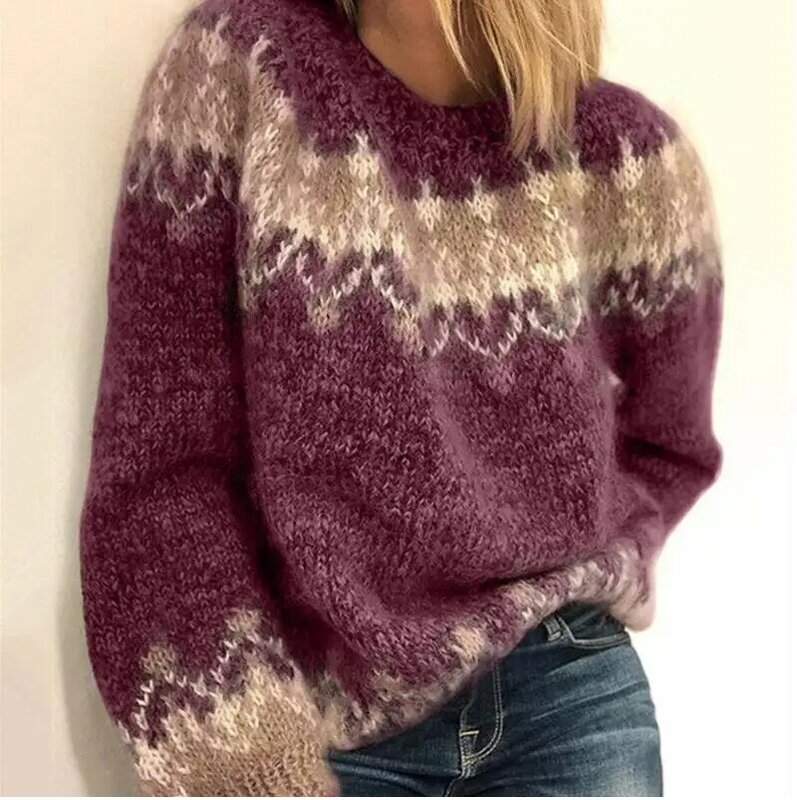 여자 우아한 오-넥 니트 스웨터 가을 빈티지 패치 워크 긴 소매 탑스 점퍼 겨울 두꺼운 따뜻한 느슨한 풀오버 스웨터