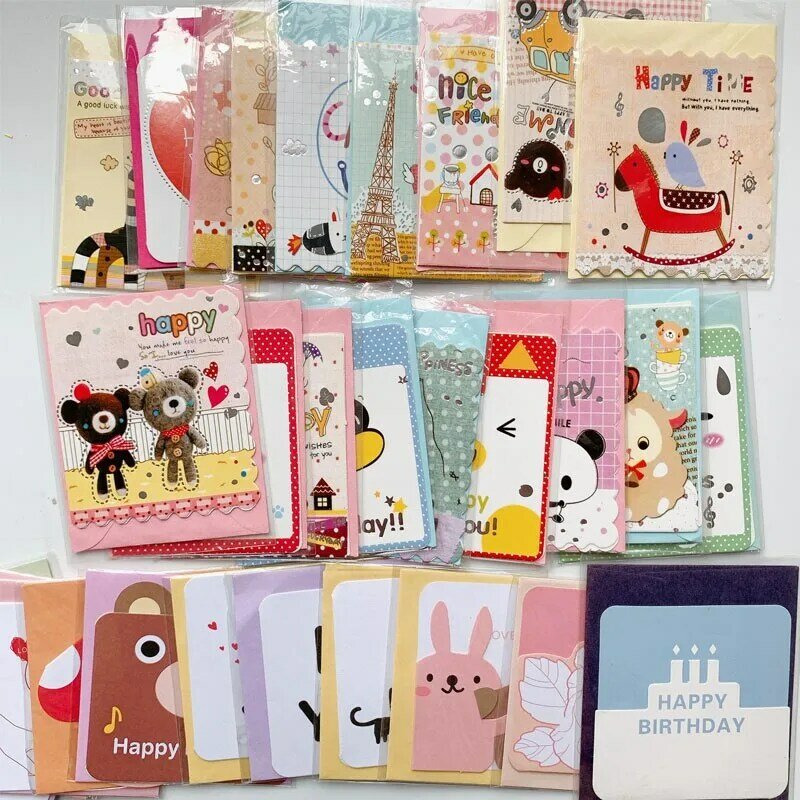 10 paquetes/lote 95x75mm, tarjeta de felicitación de dibujos animados de animales y niñas con sobre, tarjeta de religión de cumpleaños, tarjeta de mensaje de felicitación