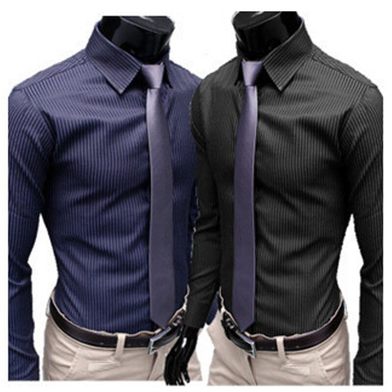 Camisas de manga larga a rayas para hombre, camisas de vestir ajustadas informales de Color sólido, ropa Formal de negocios y Social, blusa