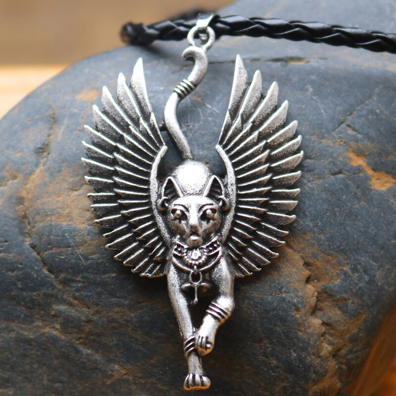 Egypt Cat Angel ปีก Bastet ชาติพันธุ์เครื่องประดับสร้อยคอชาย WICCA Pagan Talisman อียิปต์ Sphinx เครื่องประดับสำหรับผู้หญ...