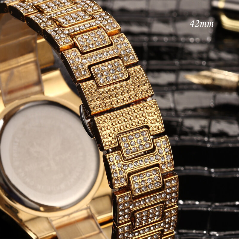 Мужские кварцевые часы в стиле хип-хоп со стразами, золотые часы из нержавеющей стали, часы унисекс