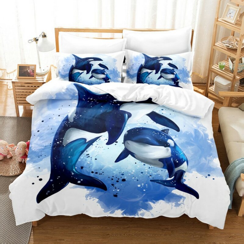 Juego de cama individual con estampado 3D de tiburón y Delfín, conjunto de cama doble, tamaño King y Queen, para dormitorio de chico y Niño, 15