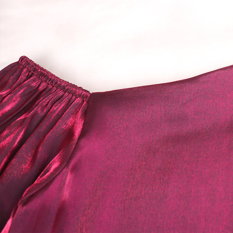 Wanita Merah Anggur Blus Off Bahu Tops Kemeja Transparan Lantern Panjang Lengan Seksi Melihat Melalui Musim Semi Musim Panas Fashion Wanita Bluas