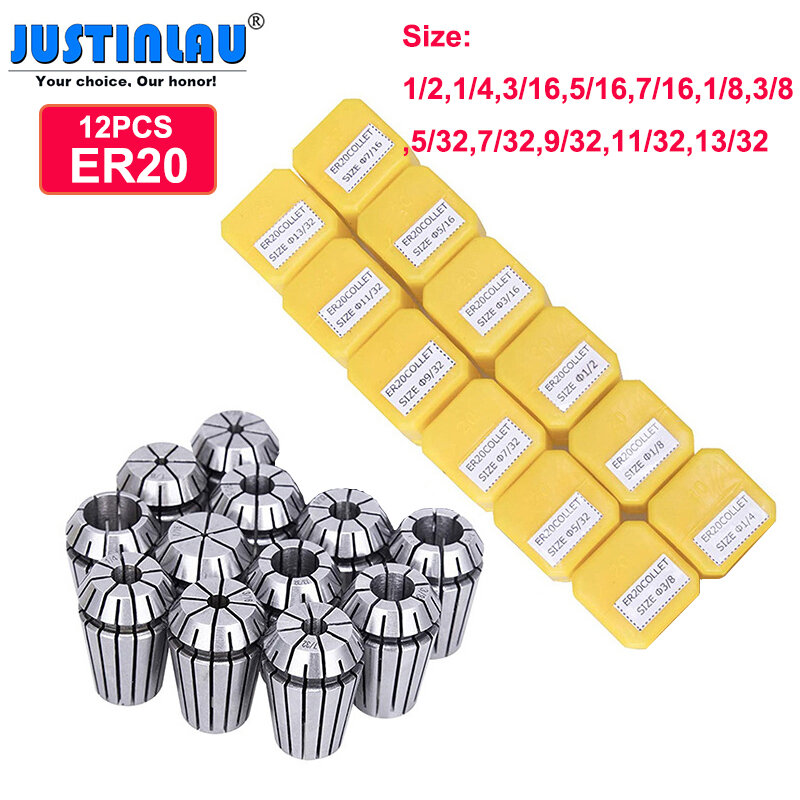 Justing lau 12 قطعة/المجموعة ER20 مجموعة أسطوانة معدنية 1/8-13/32 بوصة كوليت تشاك لأداة مخرطة الطحن باستخدام الحاسب الآلي