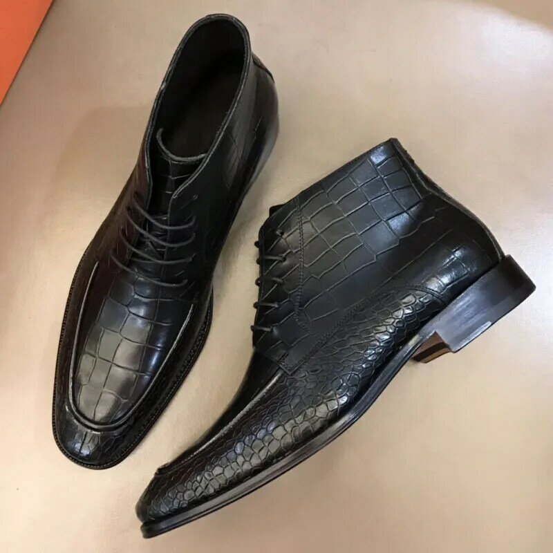 High Quality Men's Leather Boots Handmade Genuine Leather Mens Ankle Boots Brand Fashion High Top Lace Up Dress Shoes